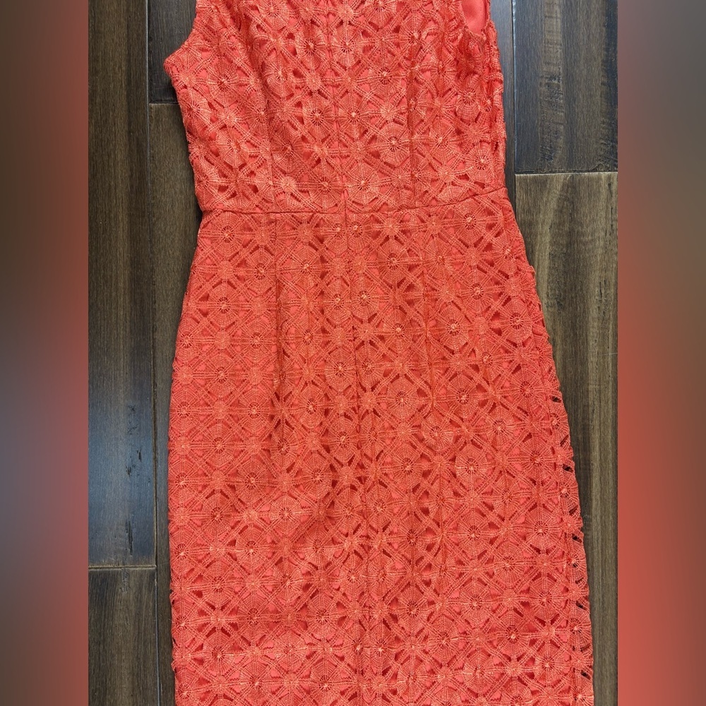 size S Orange Lace Dress Full Length Sleeveless Halter V Neck Fitted - Picture 10 of 13